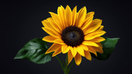 Fototapeta premium Captivating sunflower with vibrant yellow petals and dark center stands against a sleek black backdrop radiating natural beauty and summer warmth perfectly.