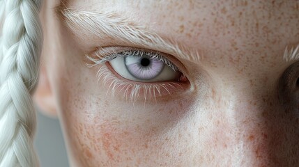 Obraz premium Close-up of an albino person with pale lavender eyes and white hair in a braid. 