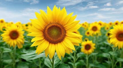 A vibrant sunflower in full bloom stands tall in a field of sunflowers under a bright blue sky dotted with fluffy white clouds on a sunny summer day in the countryside.