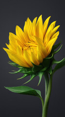 Fototapeta premium A brightly lit sunflower with golden yellow petals gracefully unfurls against a dark gray background, showcasing the beauty and elegance of nature's design.