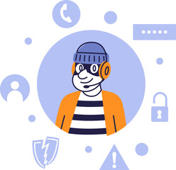 Vector Concept of Fake Support Agent Hacker Surrounded by Warning Signs – Online Scam Alert
