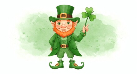 Happy leprechaun holding a shamrock