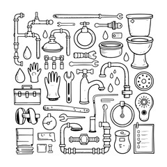 Set of plumbing doodle on white background. Hand drawn abstract doodle isolated on white background.