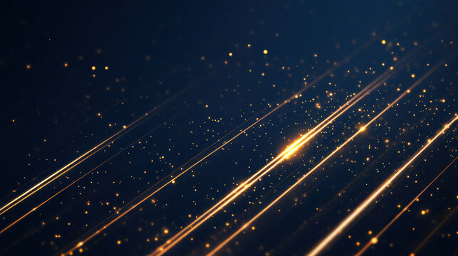 Dark blue golden light streaks background with glowing particles, elegant and luxurious mood