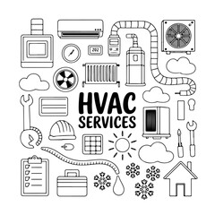 Set of HVAC doodle on white background. Hand drawn abstract doodle isolated on white background.