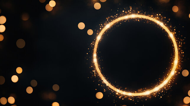 Gold circle frame and golden light on sparkle abstract background, festive mood