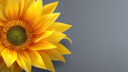 Obraz premium A vibrant yellow sunflower blossom with delicate petals and a textured center is beautifully contrasted against a smooth gray background providing ample copy space.