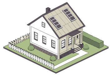 80 3d model, isometric illustration, small house with solar panels, white exterior, green lawn and bushes, picket fence, detailed architectural design
