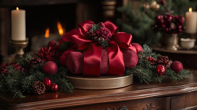 Ruby ribbons are tied around gifts, adding a touch of festive decoration and thoughtfulness, a feeling of celebration and the joy of giving