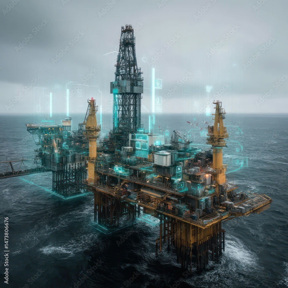Poster a futuristic oil rig powered by ai technologies monitors operations for maximum efficiency.