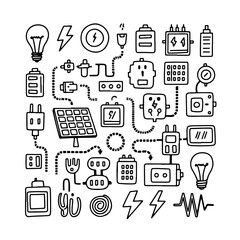 Set of electrical doodle on white background. Hand drawn abstract doodle isolated on white background.