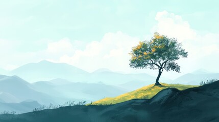 A serene landscape featuring a solitary tree against a backdrop of misty mountains