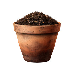 Brown terracotta pot filled with dark rich soil for planting clay seed on transparent background