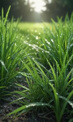 Vibrant green grass blades, dew drops glistening ,  flora,  macro