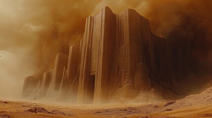 Rust-colored dust storms sweep across a barren planet, obscuring the view of strange, geometric formations that rise from the cracked and desolate surface