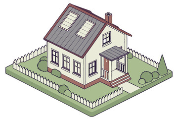 80 3d model, isometric illustration, small house with solar panels, white exterior, green lawn and bushes, picket fence, detailed architectural design