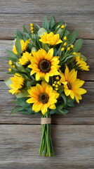 Fototapeta premium A charming bouquet of bright yellow sunflowers, adorned with green leaves and small yellow accents, is elegantly presented on a rustic wooden background.