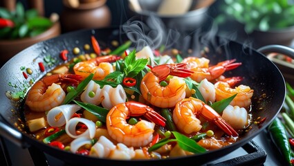 Delicious Shrimp Stir-Fry in a Wok with Fresh Vegetables