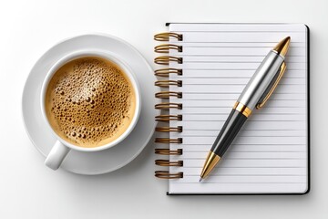 Warm cup of coffee next to an open notebook and pen on white background
