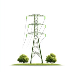 Power transmission tower surrounded by greenery on white background