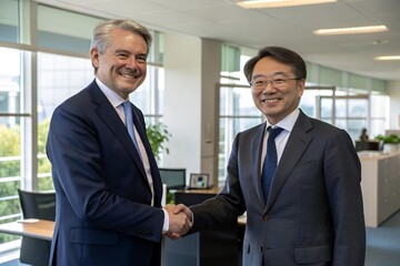 Businessmen Handshake After Meeting in Modern Office with Natural Light
