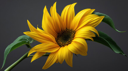 Naklejka premium A vibrant sunflower with bright yellow petals and a dark center is captured in a detailed close up shot against a simple grey background showcasing nature's beauty.