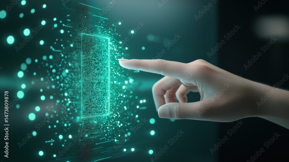 Poster hand touching futuristic digital interface digital futuristic hand interface data abstract touch hmi