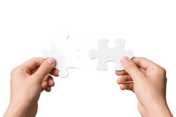 Two hands holding puzzle pieces transparent background, symbolizing teamwork, cooperation, business partnership, and collaboration
