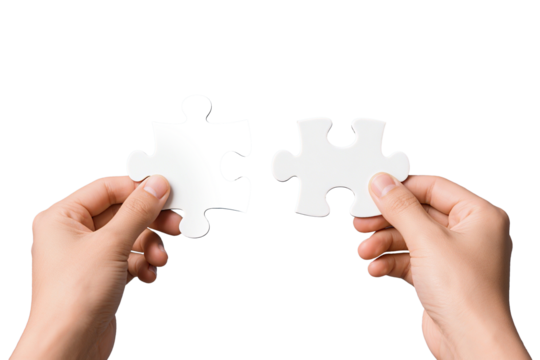 Two hands holding puzzle pieces transparent background, symbolizing teamwork, cooperation, business partnership, and collaboration