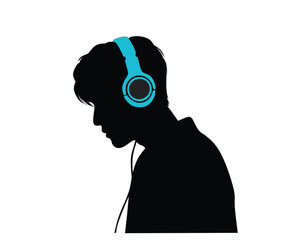 silhouette of a man listening to music from headphones isolated with white background 