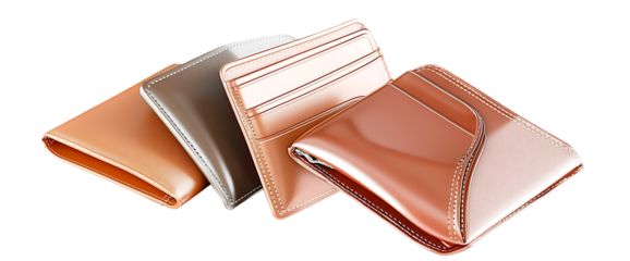 Assortment of leather wallets purses and other accessories displayed in a minimalist studio setting Showcasing vintage retro and premium fashion items