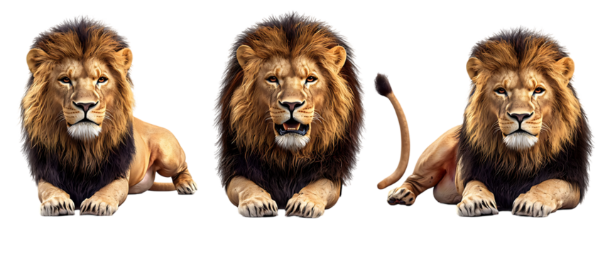 set of lion portraits from different sides isolated on transparent background