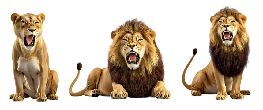 set of lion portraits from different sides isolated on transparent background