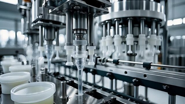 Automated Industrial Filling Machine Dispensing Liquid into Plastic Containers on a Modern Production Line in a Clean Manufacturing Facility

