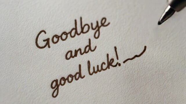 Goodbye and good luck message written with pen and ink on paper, handwriting expressing farewell, writing wishes of luck and new beginnings
