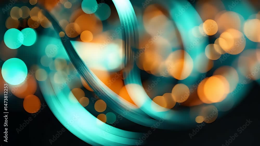 Poster abstract light trails with glowing turquoise and orange bokeh effects on dark background featuring c