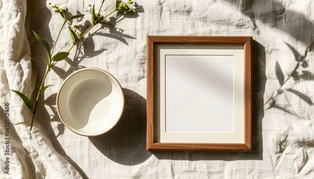 Poster creating artful spaces framed empty canvas and bowl arrangement on soft fabric natural light minimal