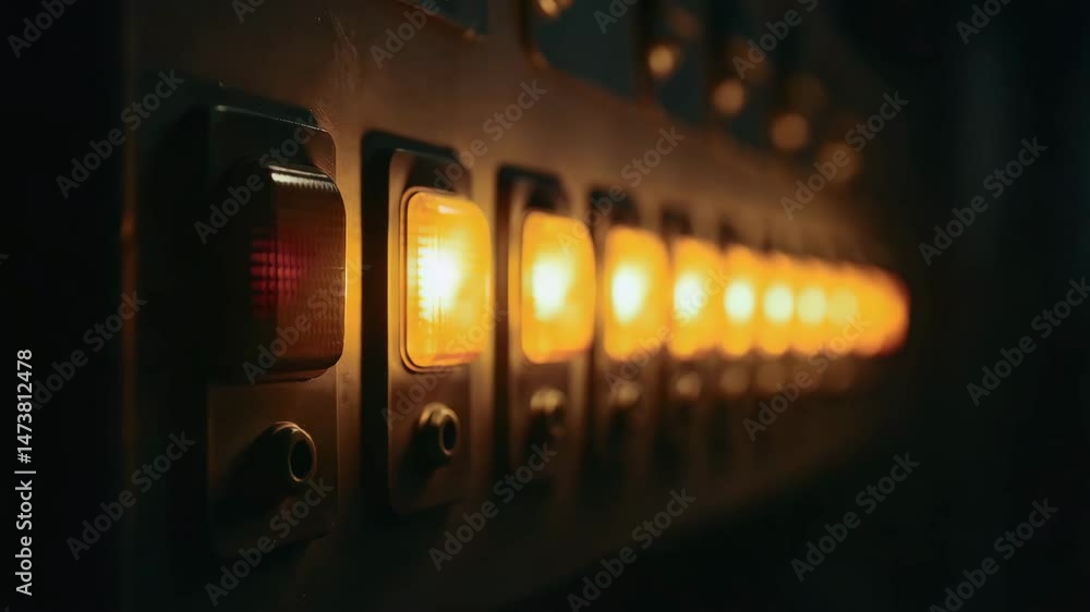 Aufkleber row of illuminated light switches glow warmly in dark, electrical control creating mysterious, moody
