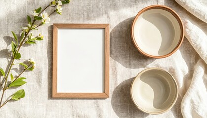 Creative interior styling with decorative bowls and frame home decor still life cozy environment top-down view aesthetic concept