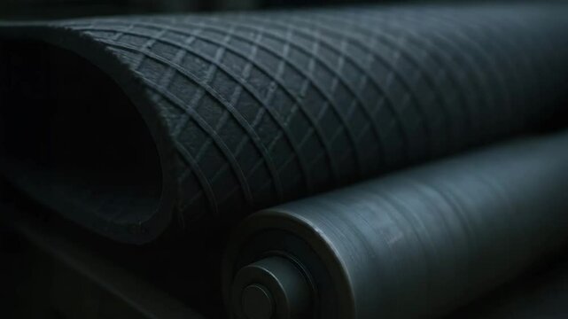 Rubber conveyor belt with textured roller and termination detail in industrial manufacturing machine for material transport process