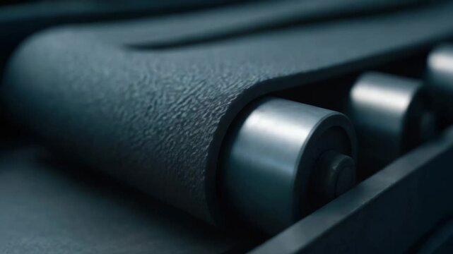Close up of textured conveyor belt roller with metal components in industrial manufacturing concept for strength and durability termination process