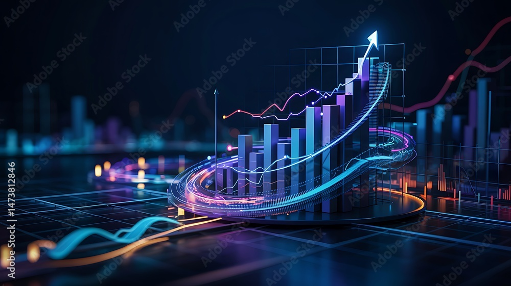 Poster visualizing growth dynamic 3d chart illustrating exponential business success and financial data ana