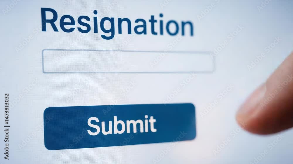 Poster resignation concept with finger pressing submit button digital screen symbolizing termination decisi