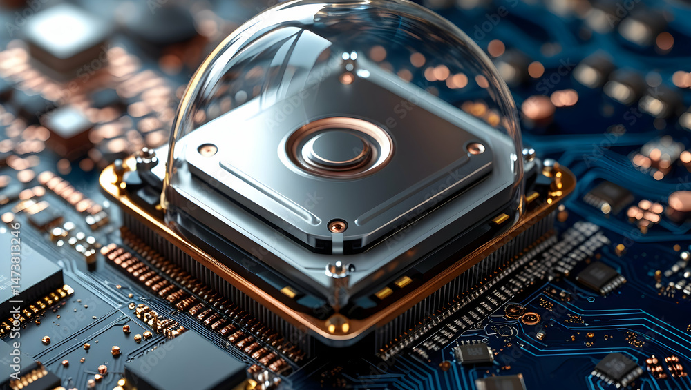 Poster advanced microchip component on circuit board with silver and blue design elements