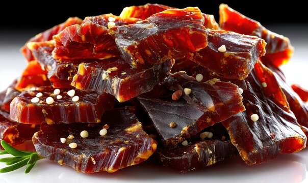 A Close-Up View of Deliciously Dried Meat Slices with a Glossy Texture and Sprinkled Seasonings on a Bright Table Setting