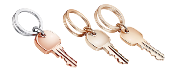 Golden and silver metal key set collection on transparent cutout background, PNG file. Mockup clipart template