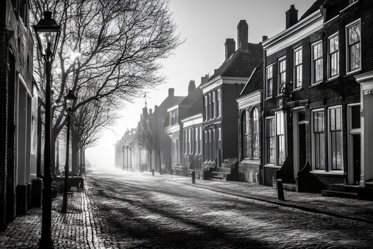 Fototapeta Misty Monochrome Street Scene: Old Town Architecture