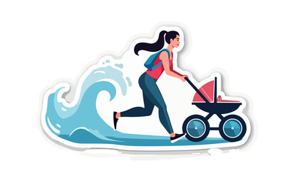 Woman Running with Stroller Against Ocean Waves, sticker  