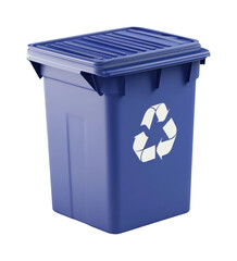Blue recycling bin with lid featuring recycling symbol, cut out - stock png.