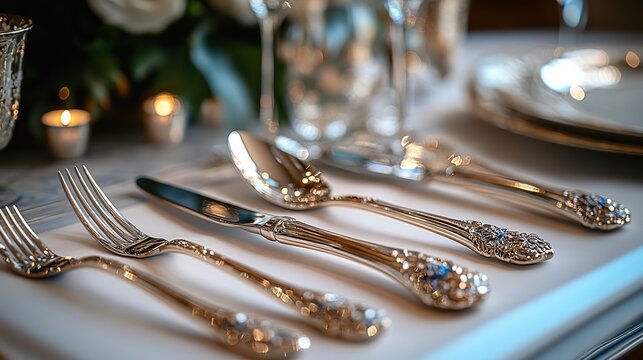 Silver cutlery gleams on a formally set table, reflecting the light and adding to the elegance of a special occasion or celebratory meal
